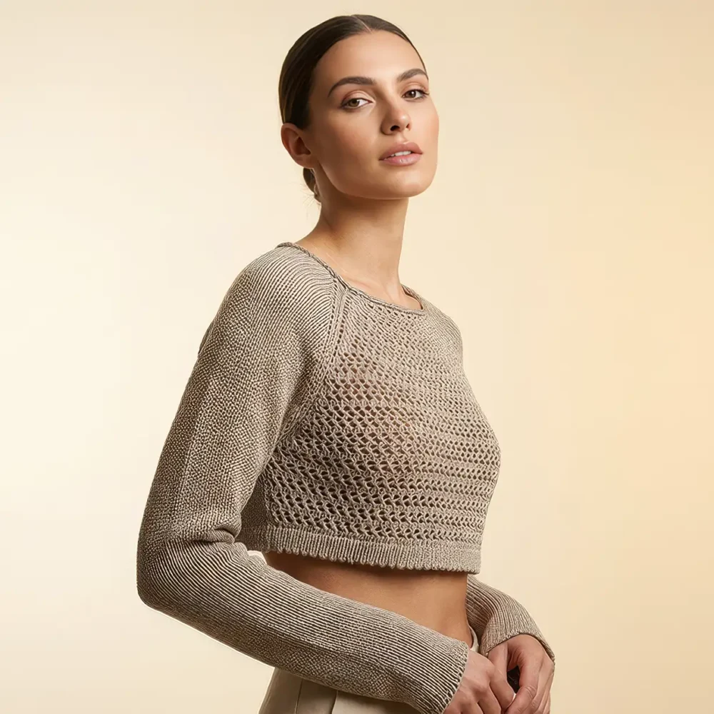 Hanf-Crop-Pullover mit Lochmuster